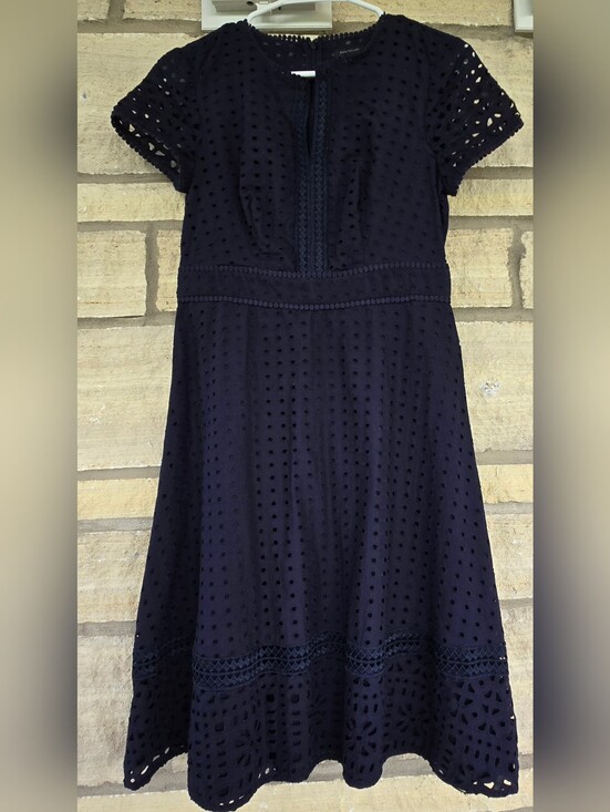 Ann Taylor Dresses & Skirts - Ann Taylor Mixed Eyelet Flare Dress Cutout Details 0 Navy Wedding Work Event
